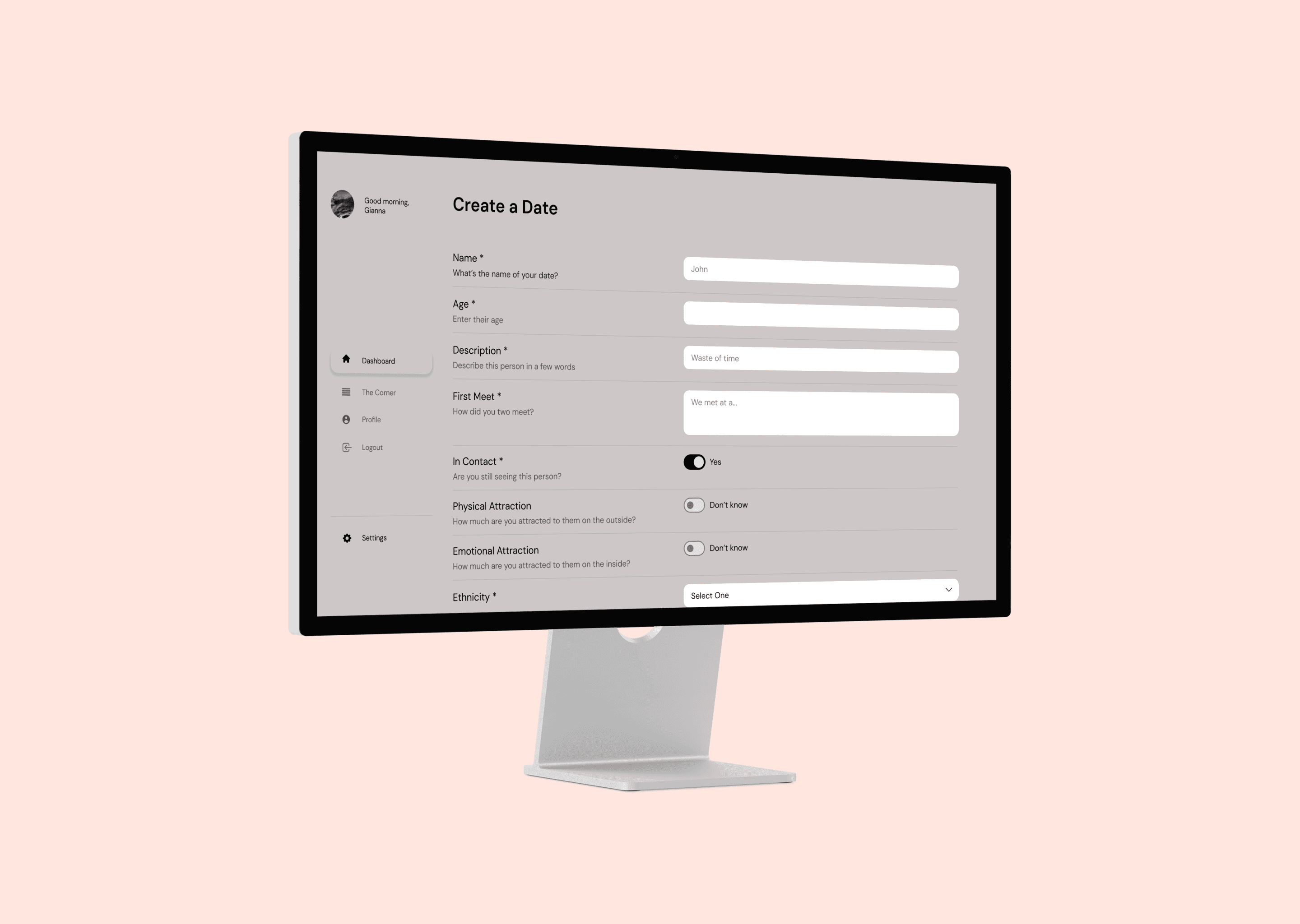 elysian create a date page on a desktop computer