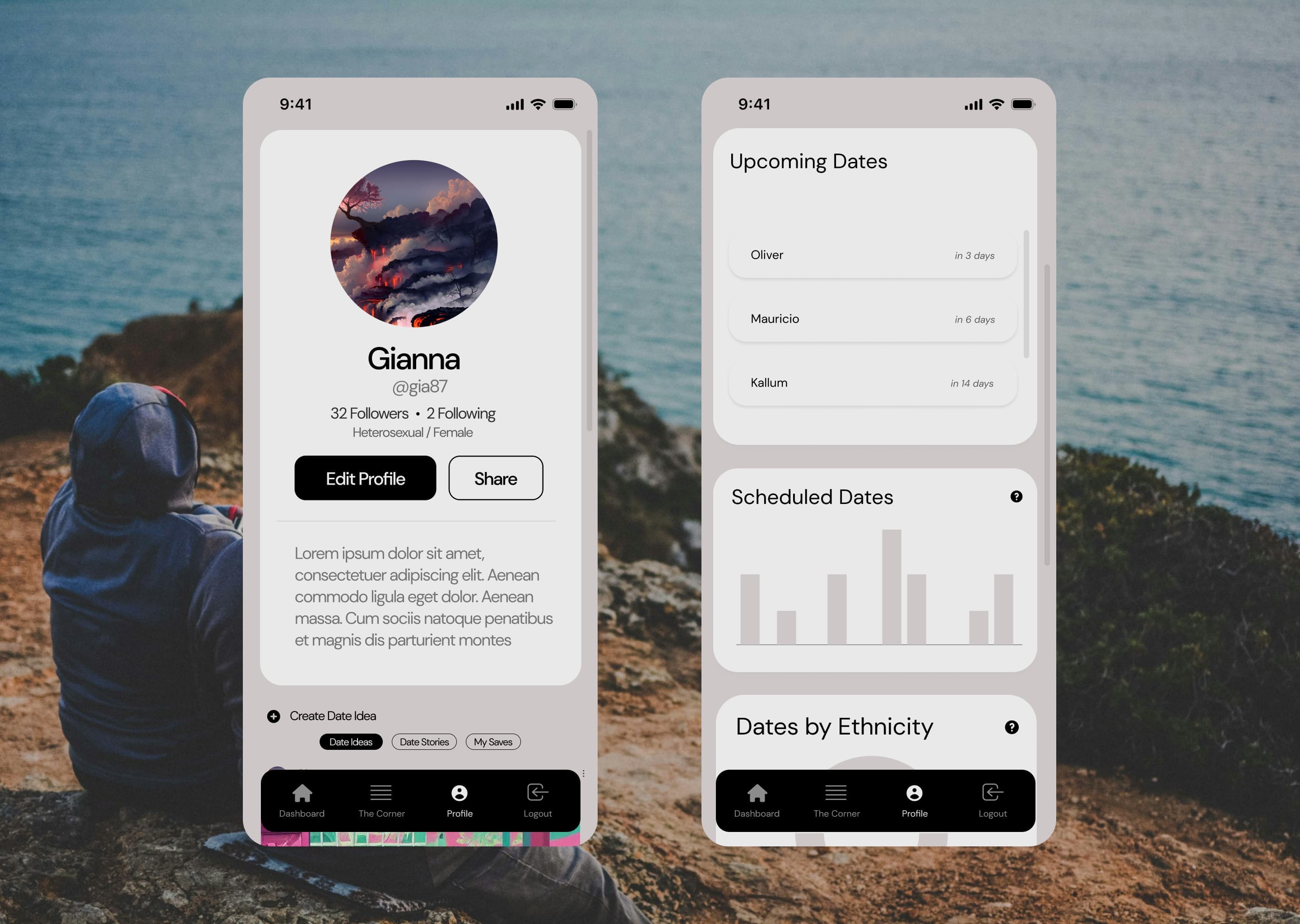 elysian mobile view for profile and dashboard