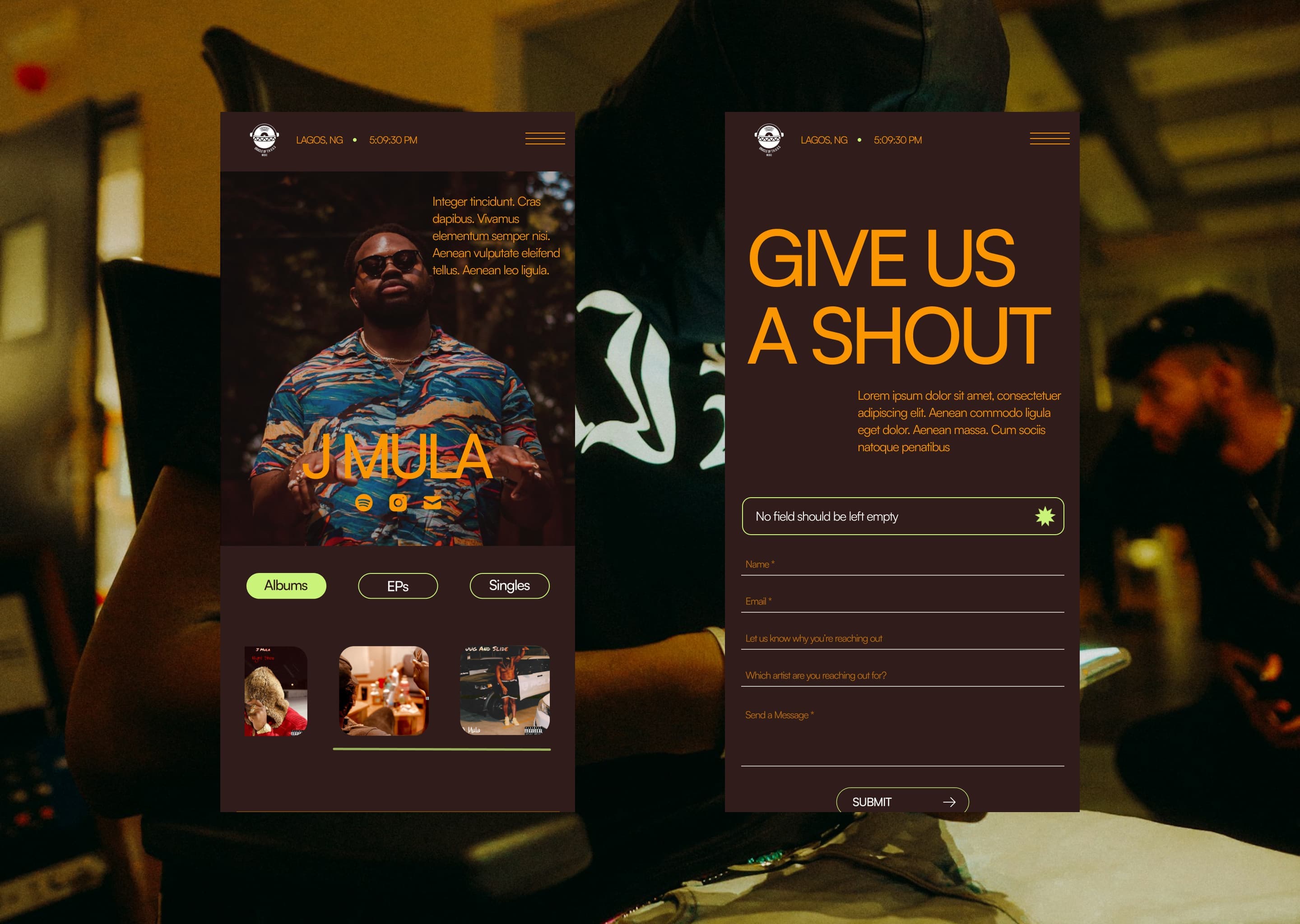 mobile views of single artist page and contact page
