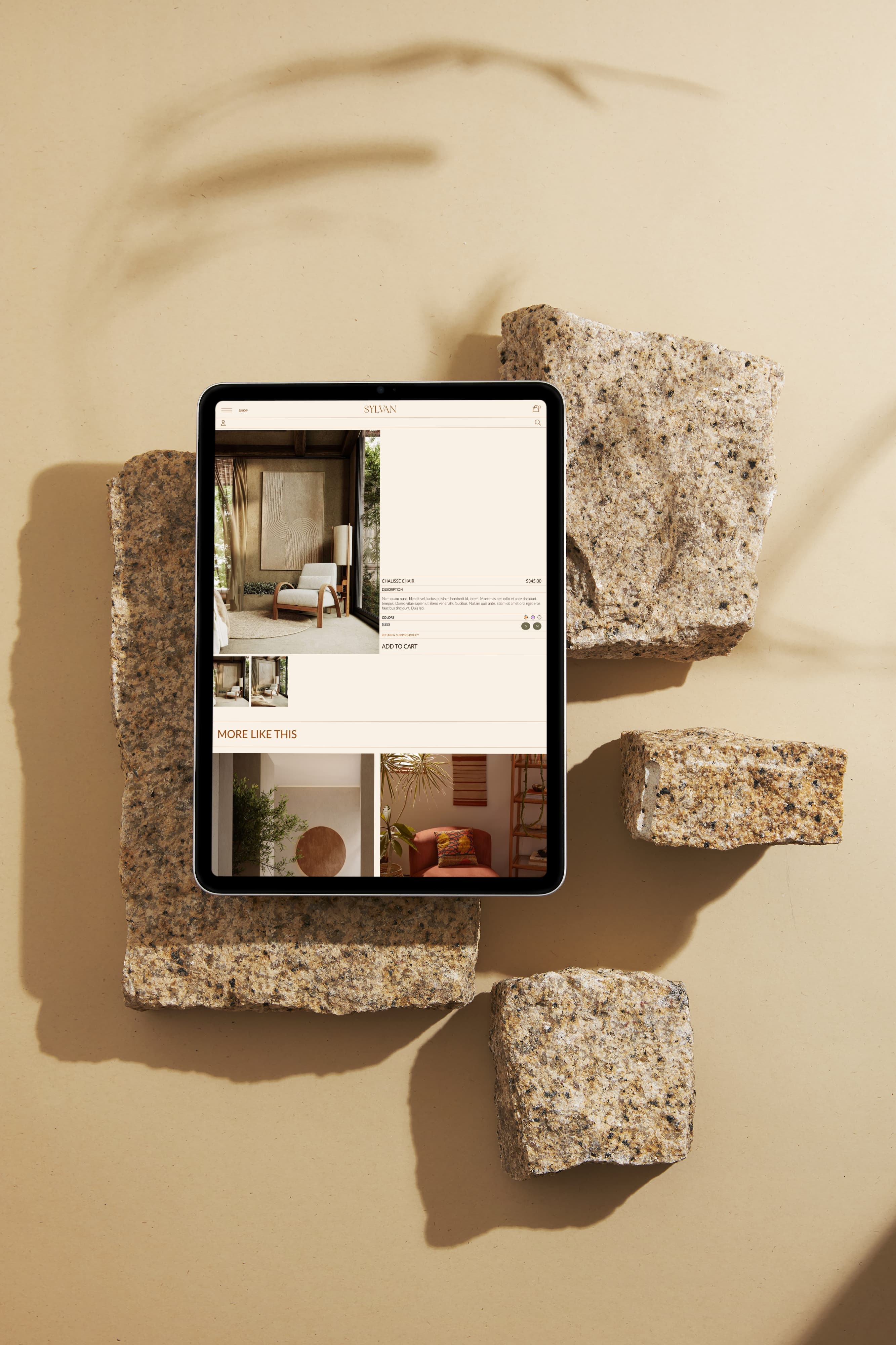 ipad mockup of sylvan's product detail page