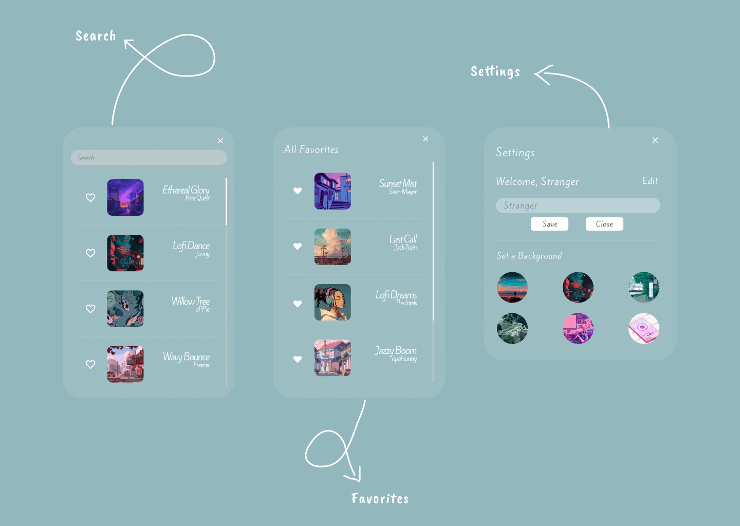 gif of search, favorites, and settings features